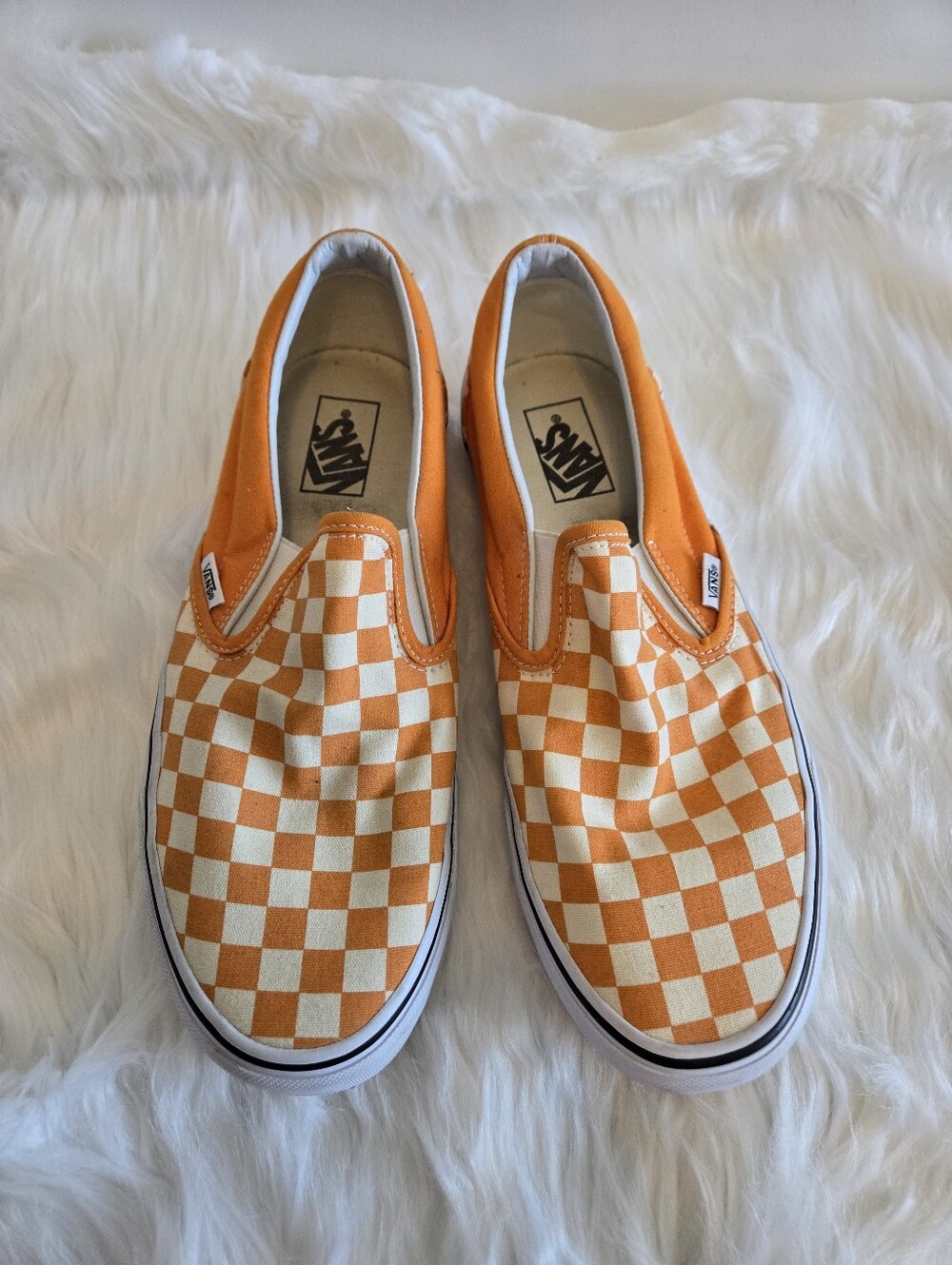 Vans Classic Slip-On Orange White Checkerboard Sneakers Men’s 10.5